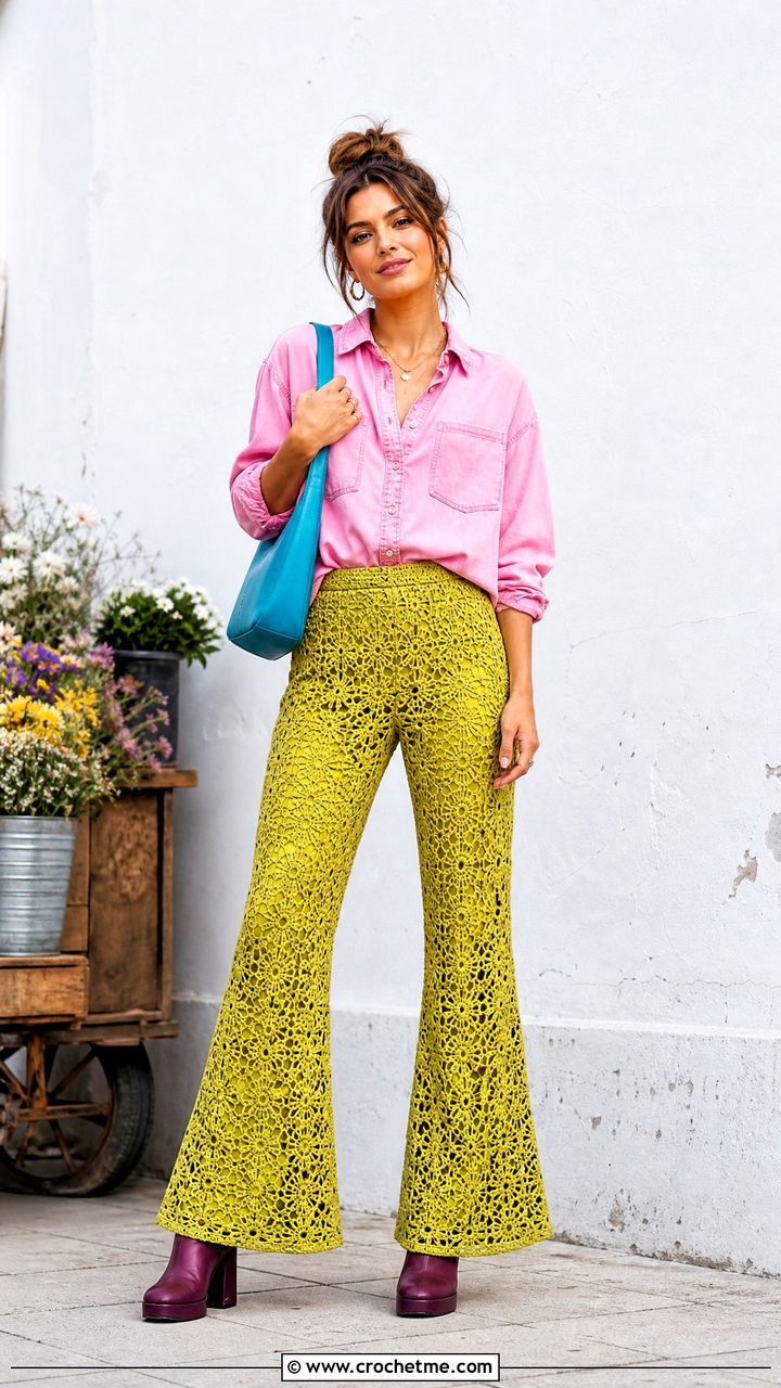 Crochet Flare Pants With Denim Shirt - 35 crochet clothing and accessories ideas