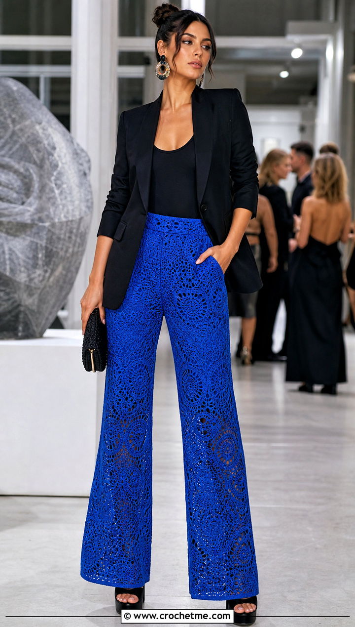 Crochet Flare Pants With Fitted Blazer - 30 vintage crochet clothes and outfit ideas
