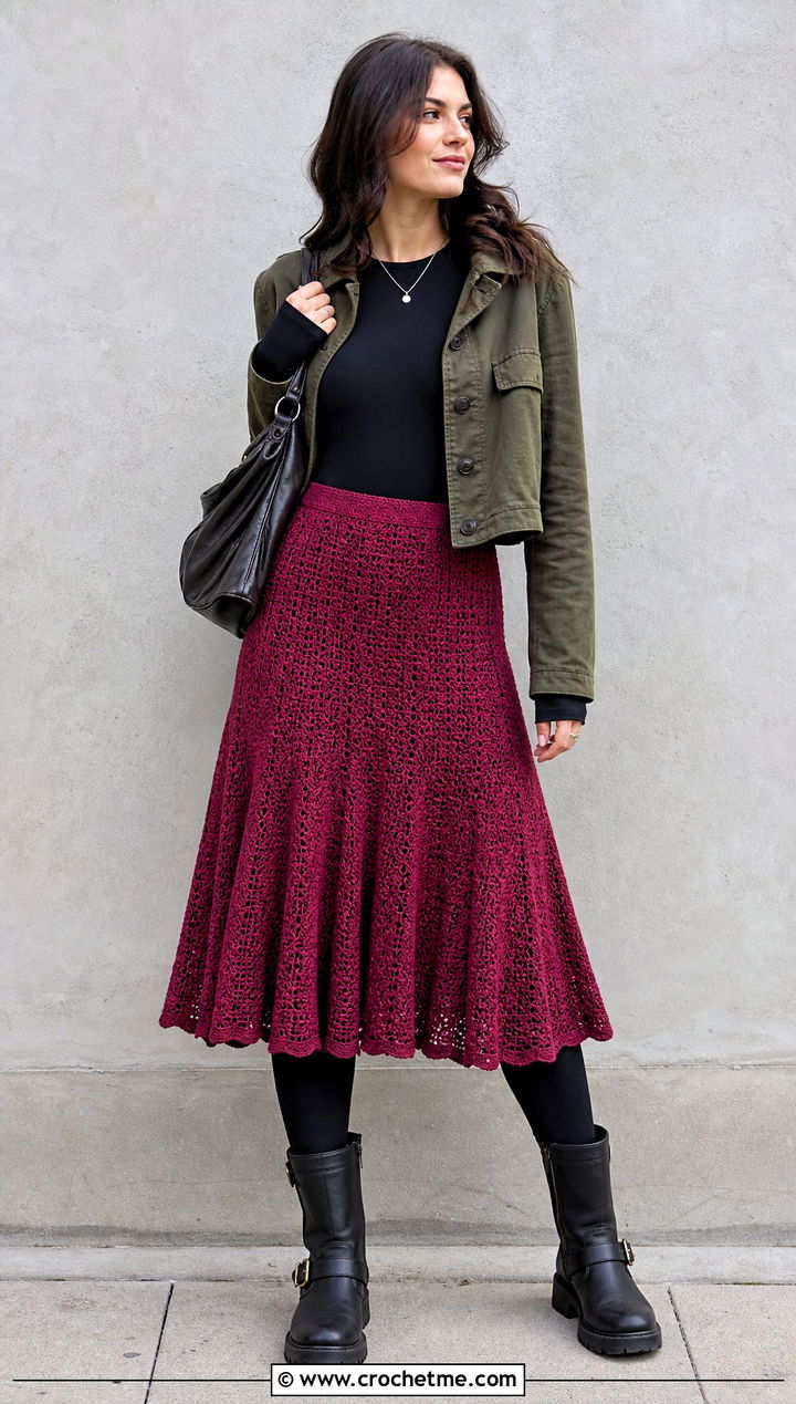 Crochet Flared Midi Skirt With Moto Boots - 35 crochet winter skirt outfit ideas