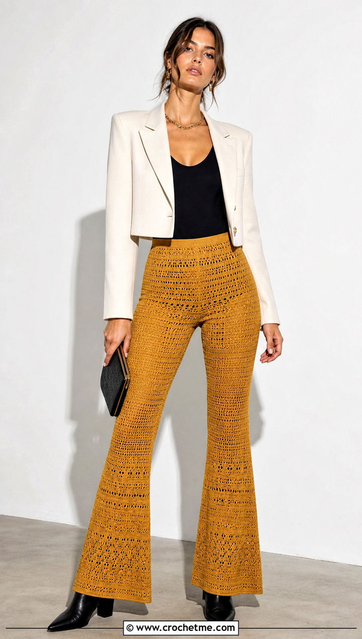 Crochet Flared Pants With Cropped Blazer - 25 Fantasy Crochet Clothing and outfit ideas