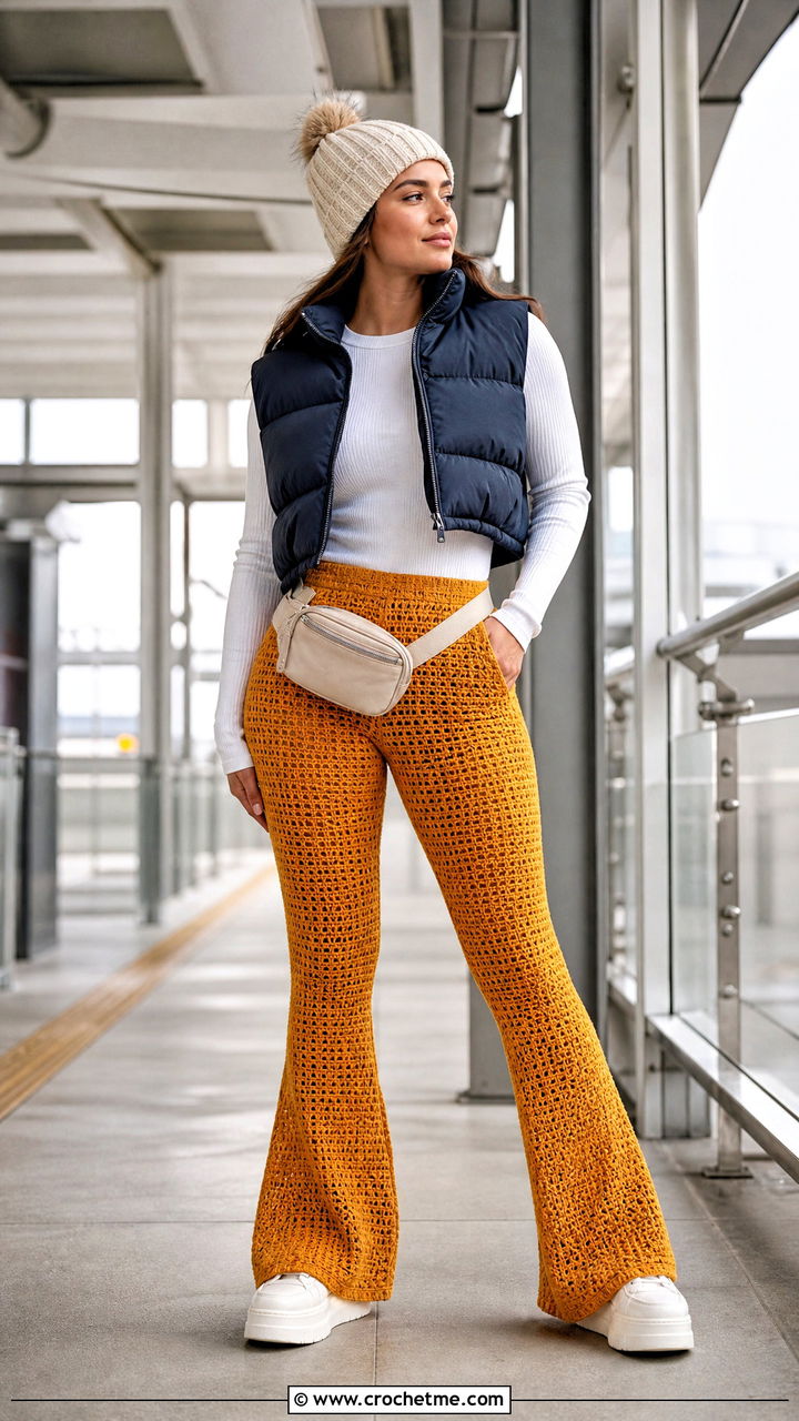 Crochet Flared Pants With Puffer Vest - 35 crochet winter clothes and outfit ideas