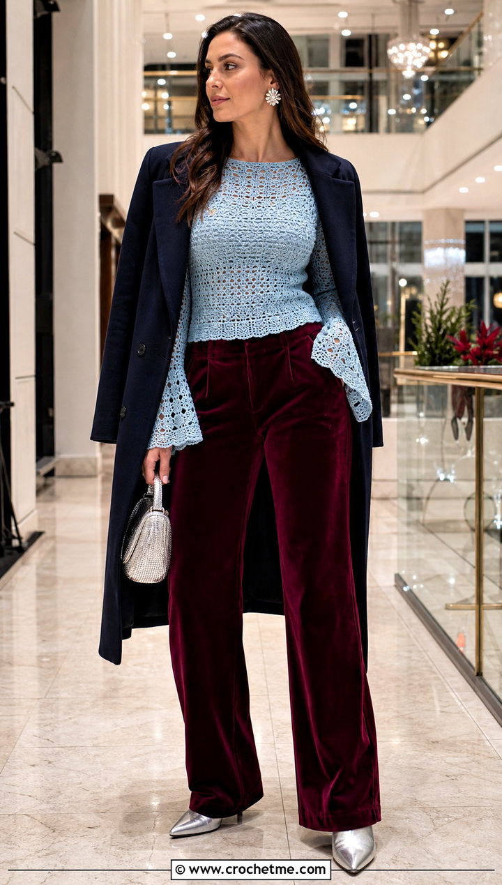 Crochet Flared Sleeve Top With Velvet Pants - 30 crochet clothes for winter outfit ideas