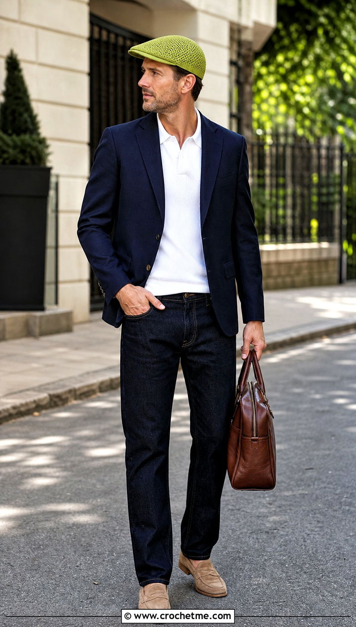 Crochet Flat Cap With Blazer And Jeans - 35 crochet hats men outfit ideas