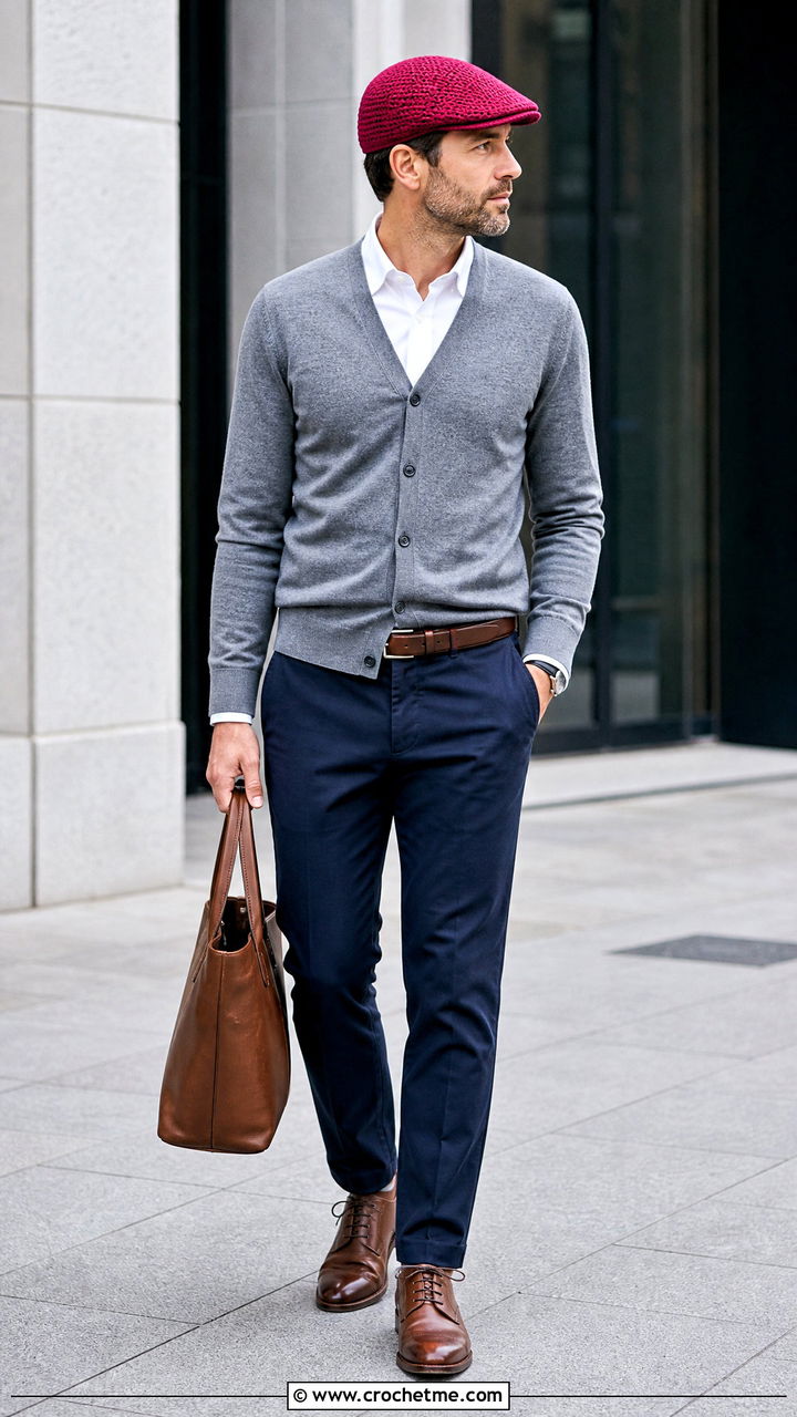 Crochet Flat Cap With Cardigan And Business Casual Trousers - 35 crochet hat for men outfit ideas