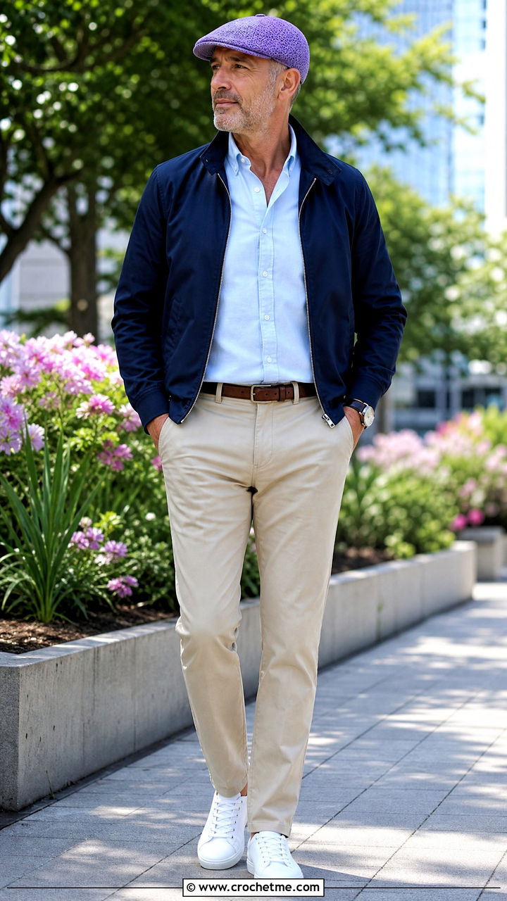 Crochet Flat Cap With Harrington Jacket And Chinos - 35 crochet hat men outfit ideas