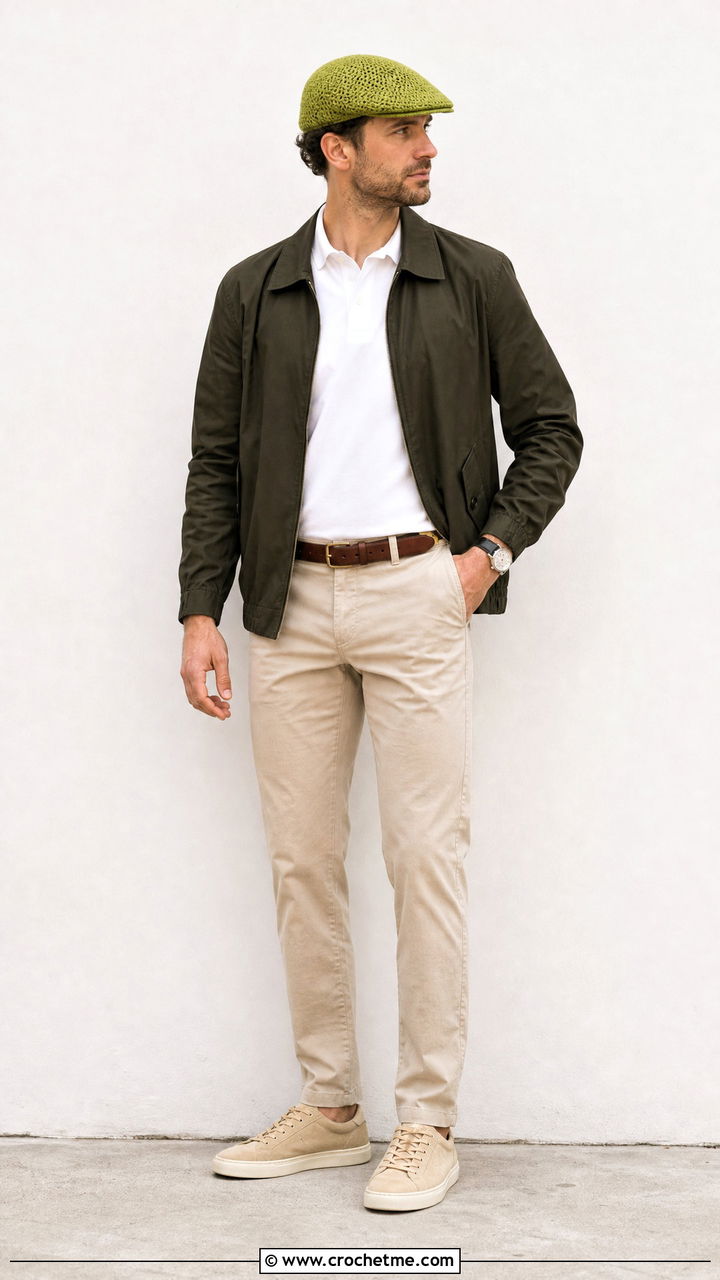 Crochet Flat Cap With Harrington Jacket - 35 crochet cap for men outfit ideas