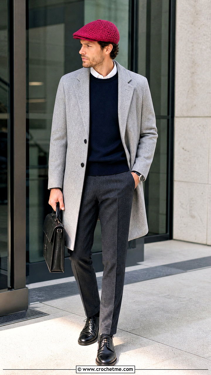 Crochet Flat Cap With Modern Office Outfit - 35 crochet hats for men outfit ideas