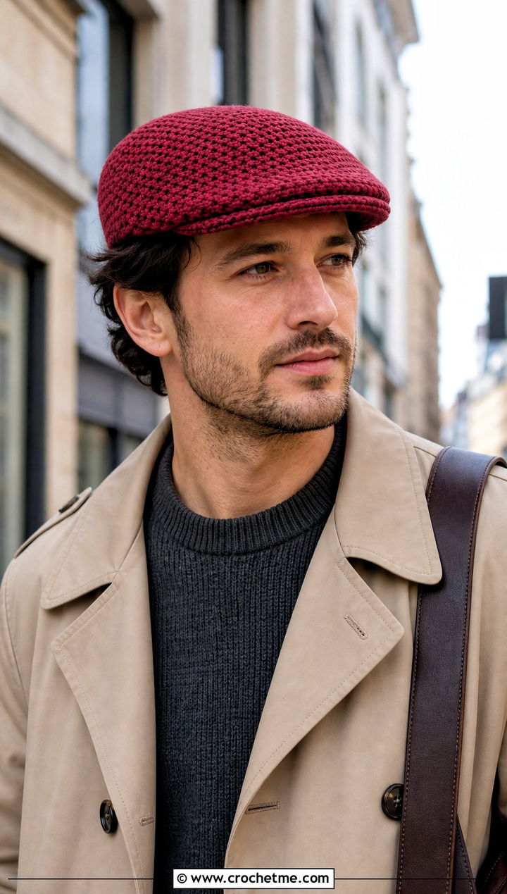 Crochet Flat Cap With Trench Coat - 25 crochet hat ideas for men