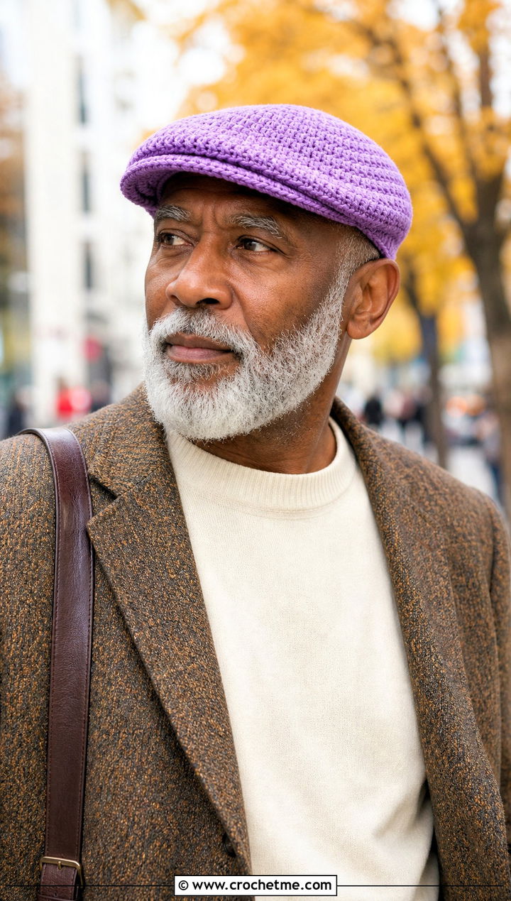 Crochet Flat Cap With Tweed Blazer And Dark Jeans - 30 men's crochet hats outfit ideas