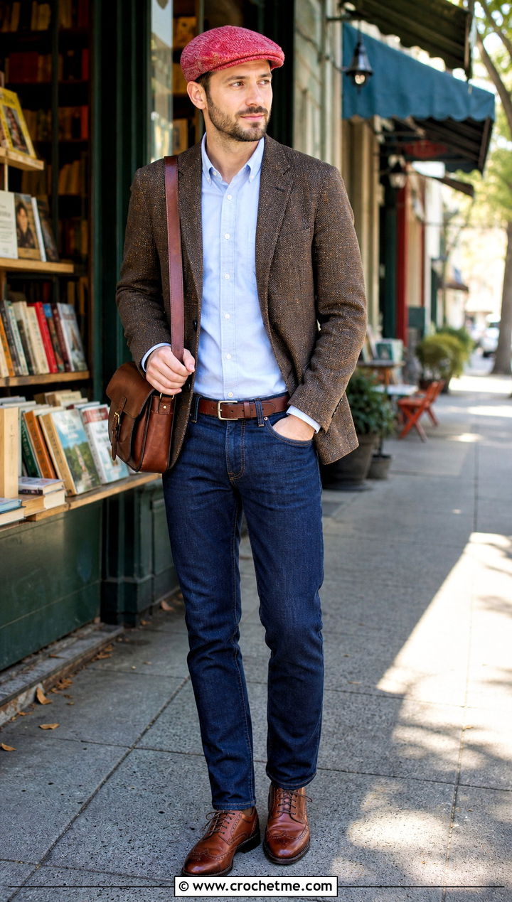 Crochet Flat Cap With Tweed Blazer - 35 mens crochet hat outfit ideas