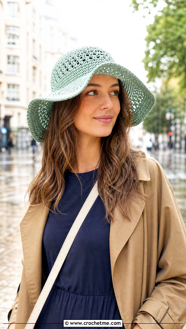 Crochet Floppy Hat With Trench Coat And Midi Dress - 25 easy crocheted hats outfit ideas