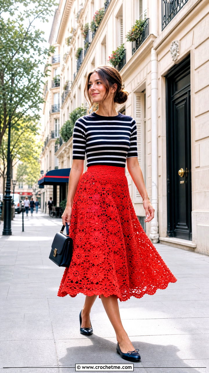 Crochet Floral A Line Skirt With Striped Knit Top - 35 crochet flower skirt outfit ideas
