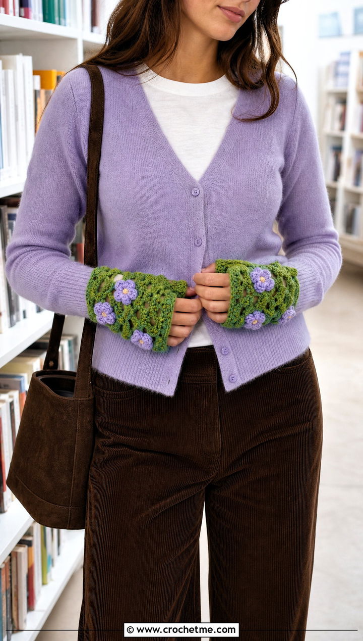 Crochet Floral Applique Fingerless Mitts With Cardigan And Corduroy Pants - 15 Crochet Tipless Gloves outfit ideas