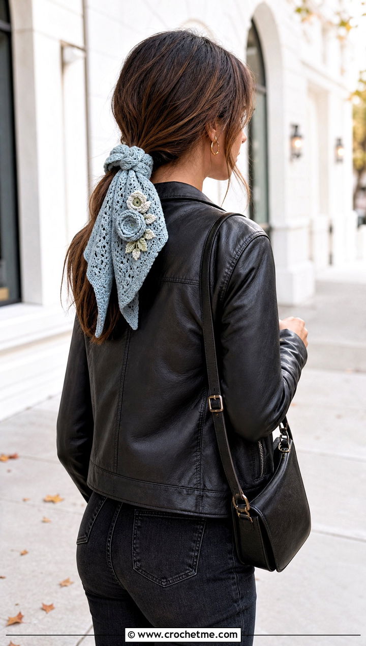 Crochet Floral Applique Hair Tie Scarf With Leather Jacket - 20 crochet hair tie scarf outfit ideas