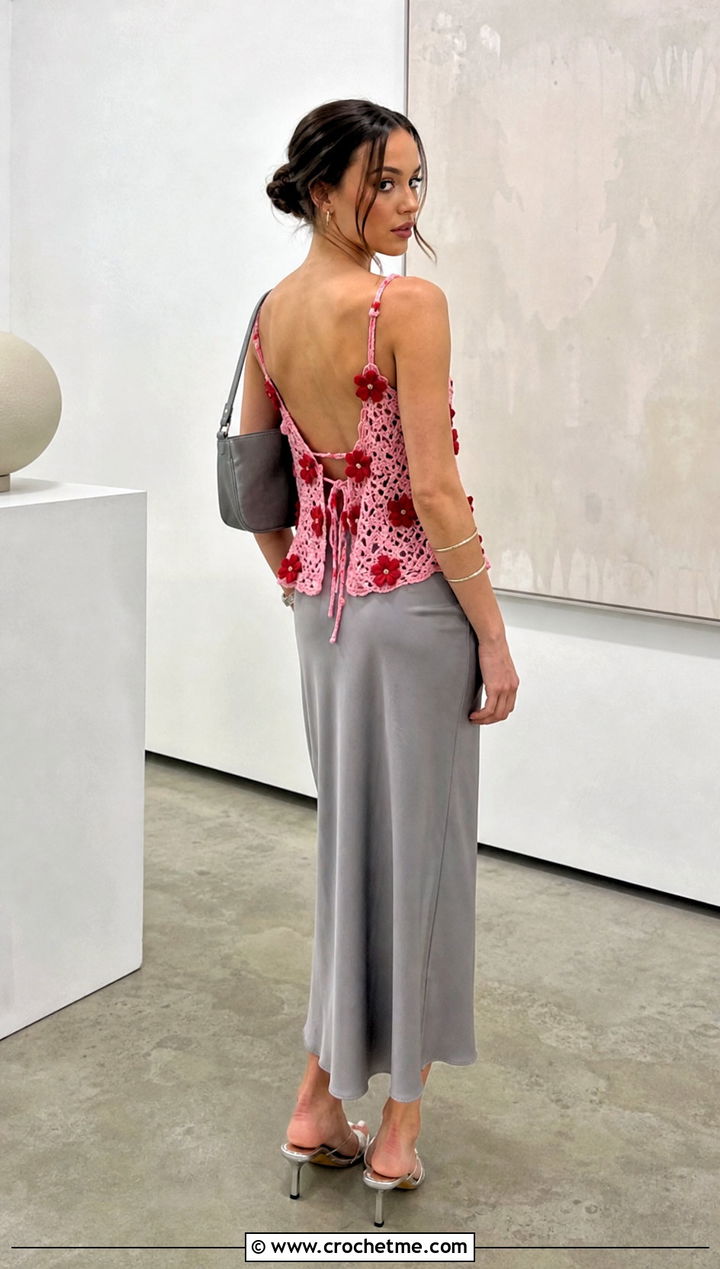 Crochet Floral Motif Low Back Top With a Slip Skirt - 25 Crochet Low Back Top outfit ideas