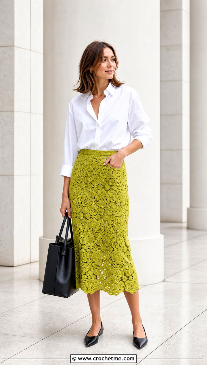 Crochet Floral Motif Midi Skirt With Button Down Shirt - 30 Crochet Flower Outfit ideas