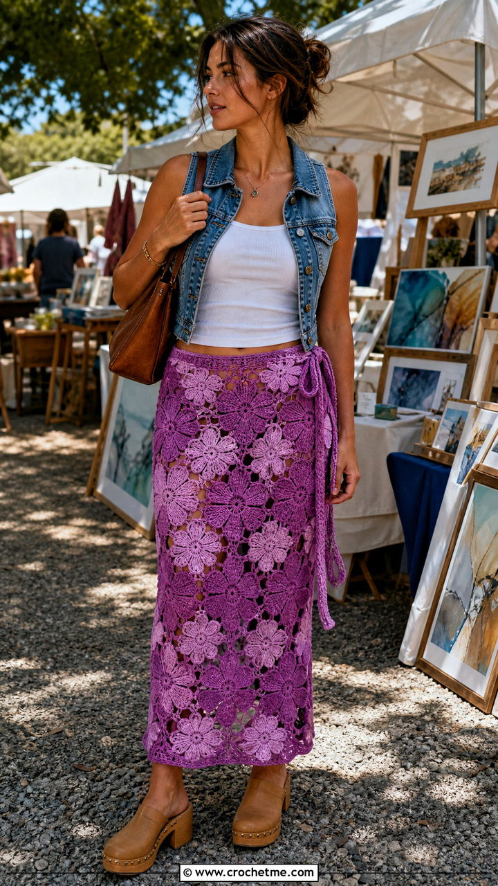 Crochet Floral Wrap Skirt With Tank Top And Denim Vest - 35 crochet flower skirt outfit ideas
