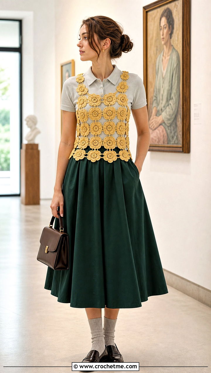 Crochet Flower Apron Top With Polo Shirt - 30 Crochet Flower Outfit ideas
