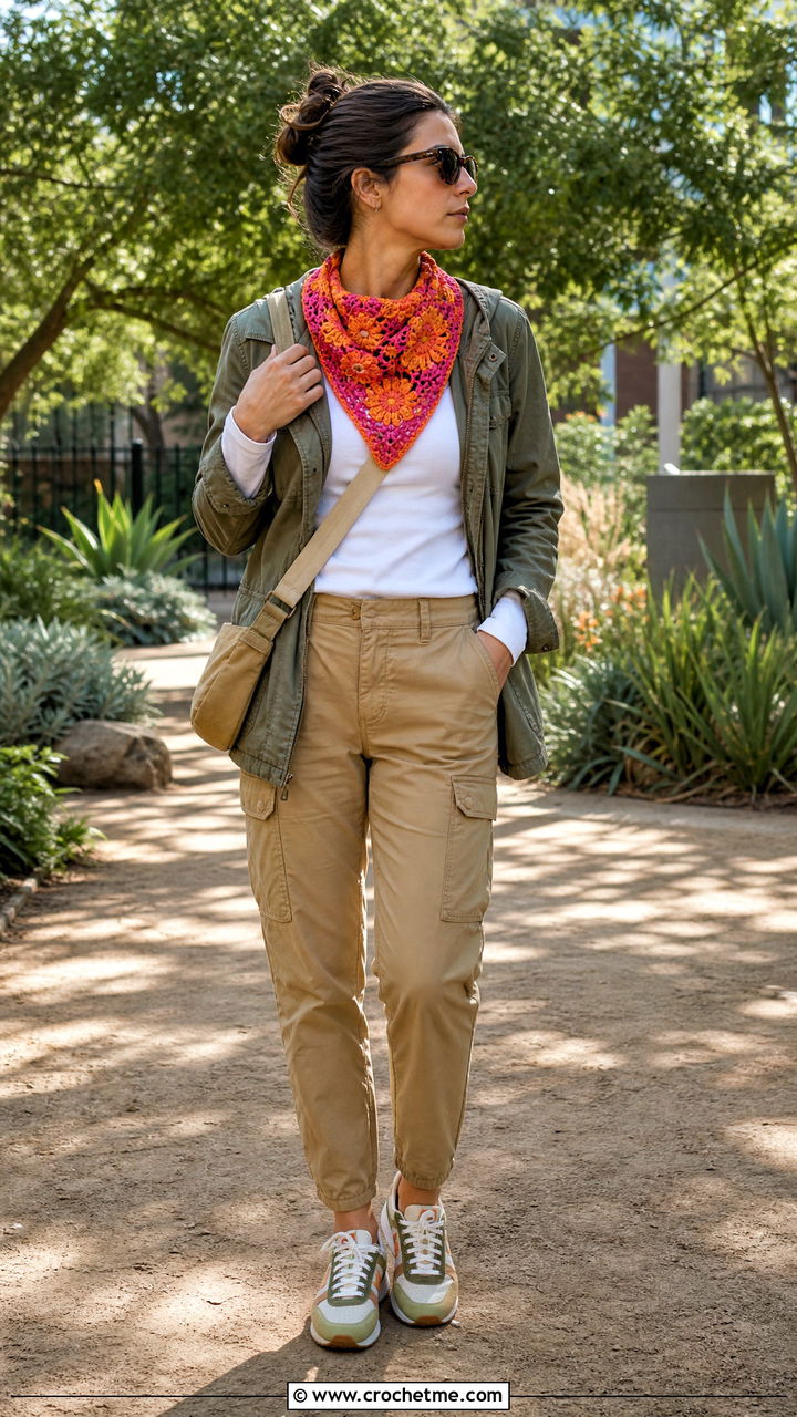 Crochet Flower Bandana Scarf With Field Jacket And Cargo Pants - 35 crochet flower scarf outfit ideas