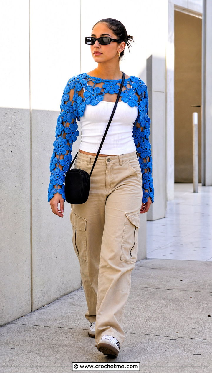 Crochet Flower Bolero With Cargo Pants - 30 Crochet Flower Outfit ideas
