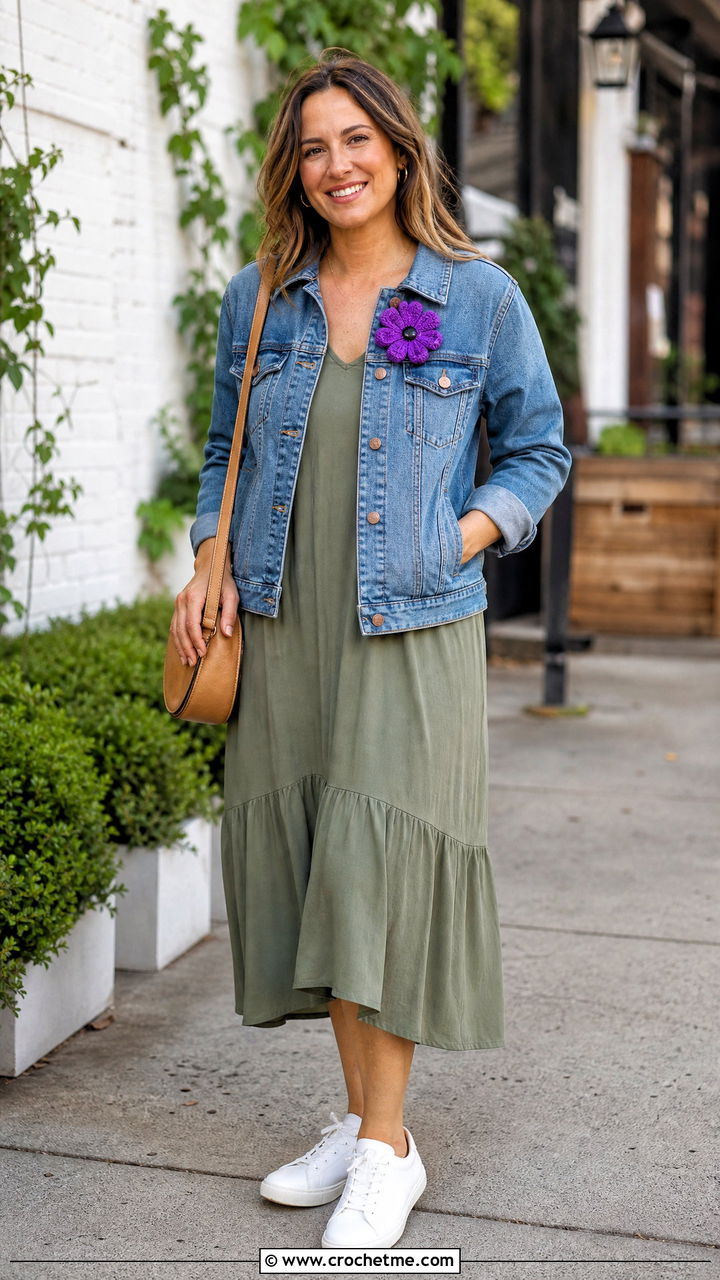 Crochet Flower Brooch With Denim Jacket - 35 crochet accessories outfit ideas