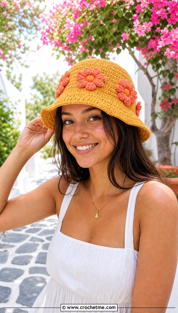 Crochet Flower Bucket Hat With White Sundress - 30 aesthetic crochet hat ideas