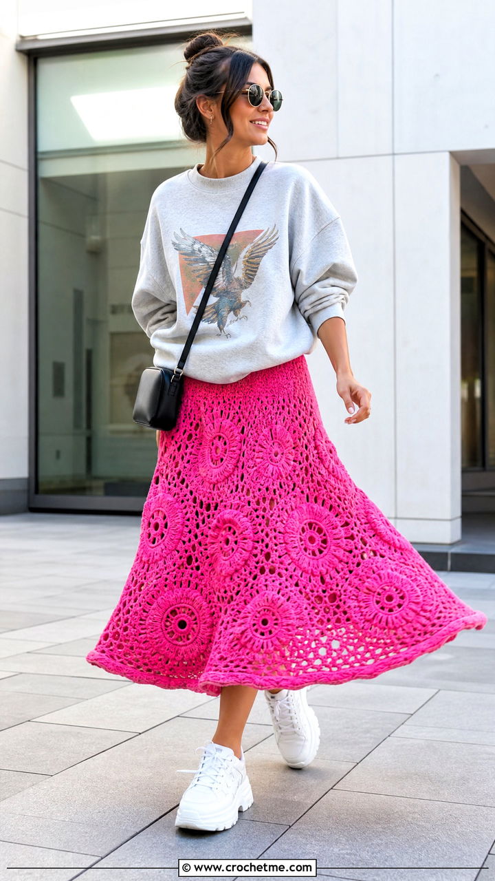 Crochet Flower Circle Skirt With Graphic Sweatshirt - 35 crochet flower skirt outfit ideas