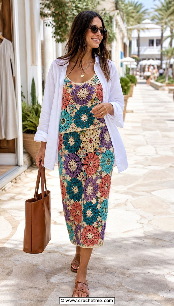 Crochet Flower Co Ord With Oversized Shirt - 30 Crochet Flower Outfit ideas