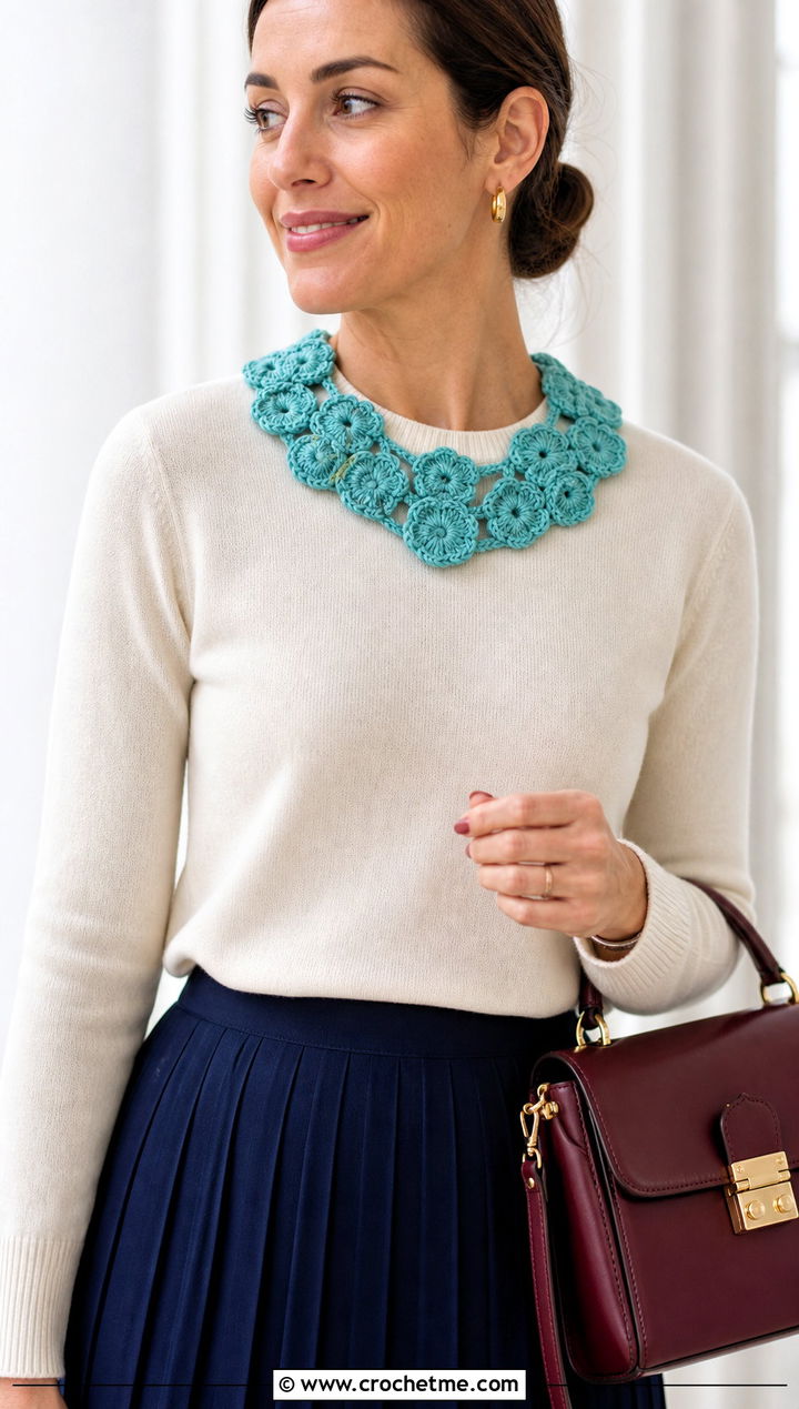 Crochet Flower Collar With Crewneck Sweater - 30 Crochet Flower Outfit ideas