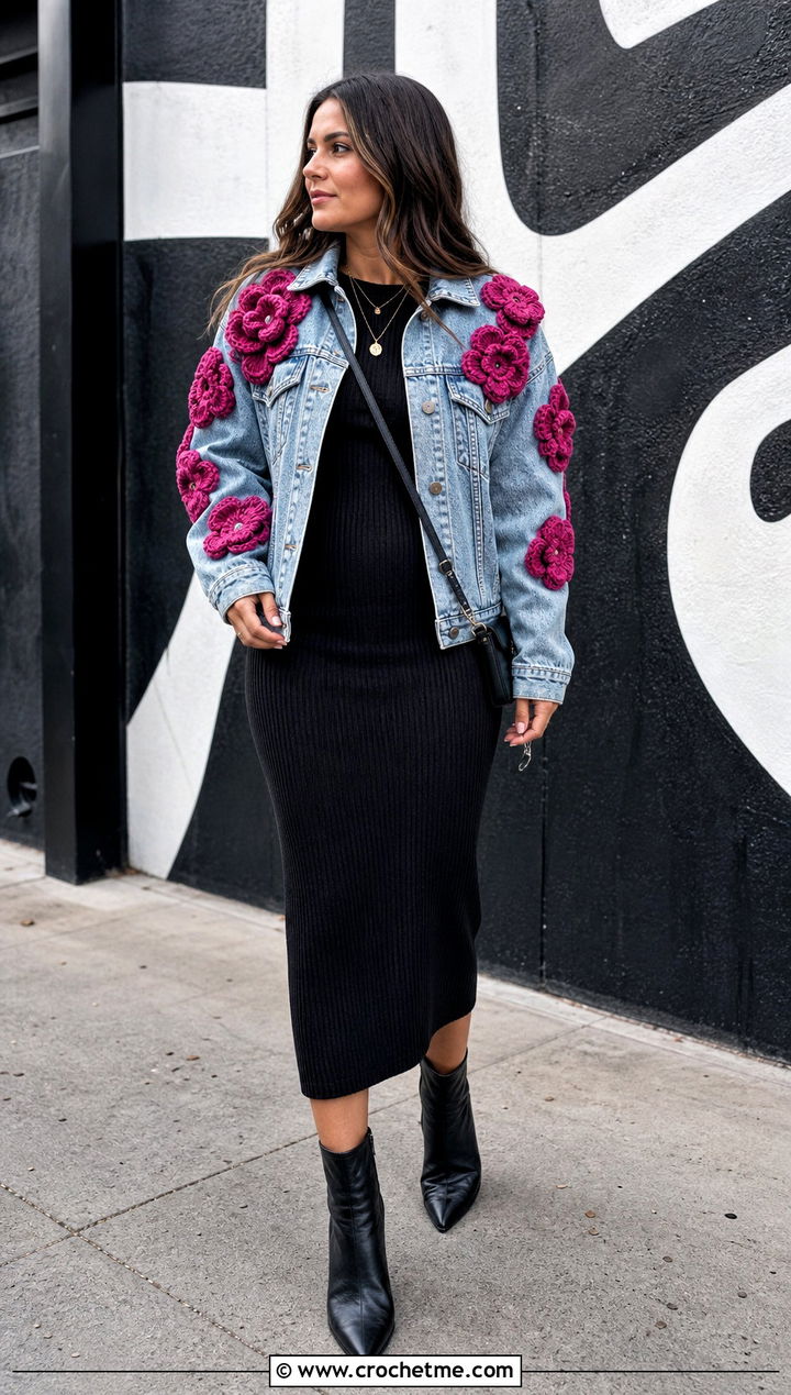 Crochet Flower Denim Jacket With Black Dress - 30 Crochet Flower Outfit ideas