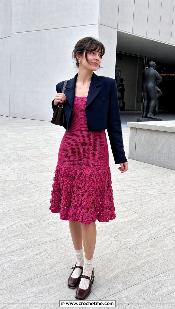 Crochet Flower Drop Waist Dress With Mary Jane Shoes - 35 Crochet Flower Dress outfit ideas