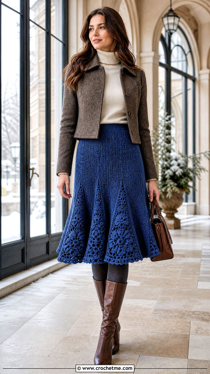 Crochet Flower Godet Skirt With Turtleneck And Tall Boots - 35 crochet flower skirt outfit ideas