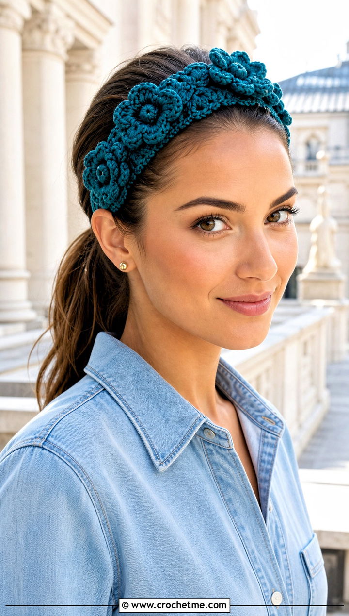 Crochet Flower Headband With Denim Shirt Dress - 15 summer crochet headband outfit ideas