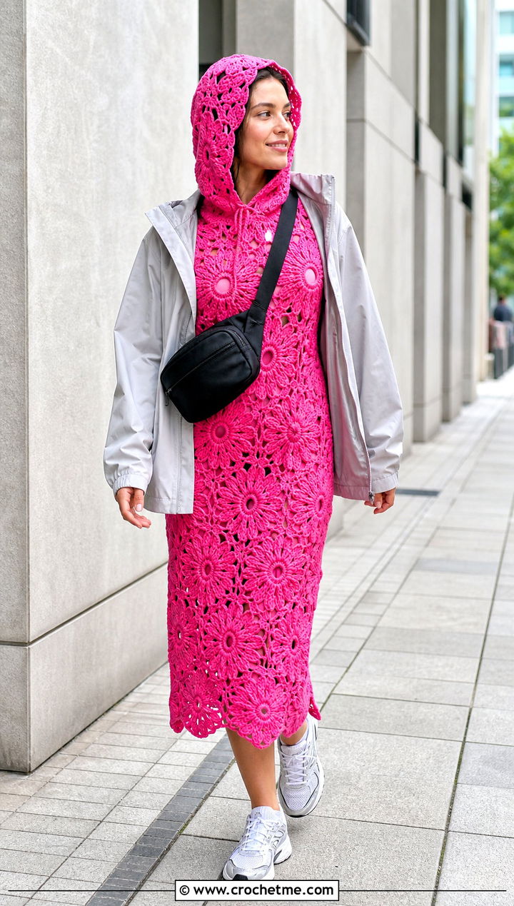 Crochet Flower Hooded Dress With Running Sneakers - 35 Crochet Flower Dress outfit ideas
