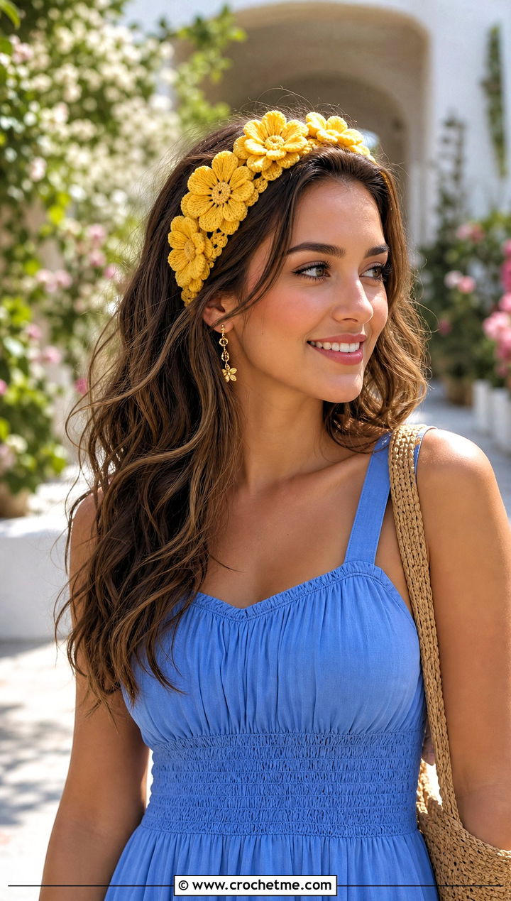 Crochet Flower Makeup Headband With Sundress And Sandals - 25 Crochet Makeup Headband outfit ideas