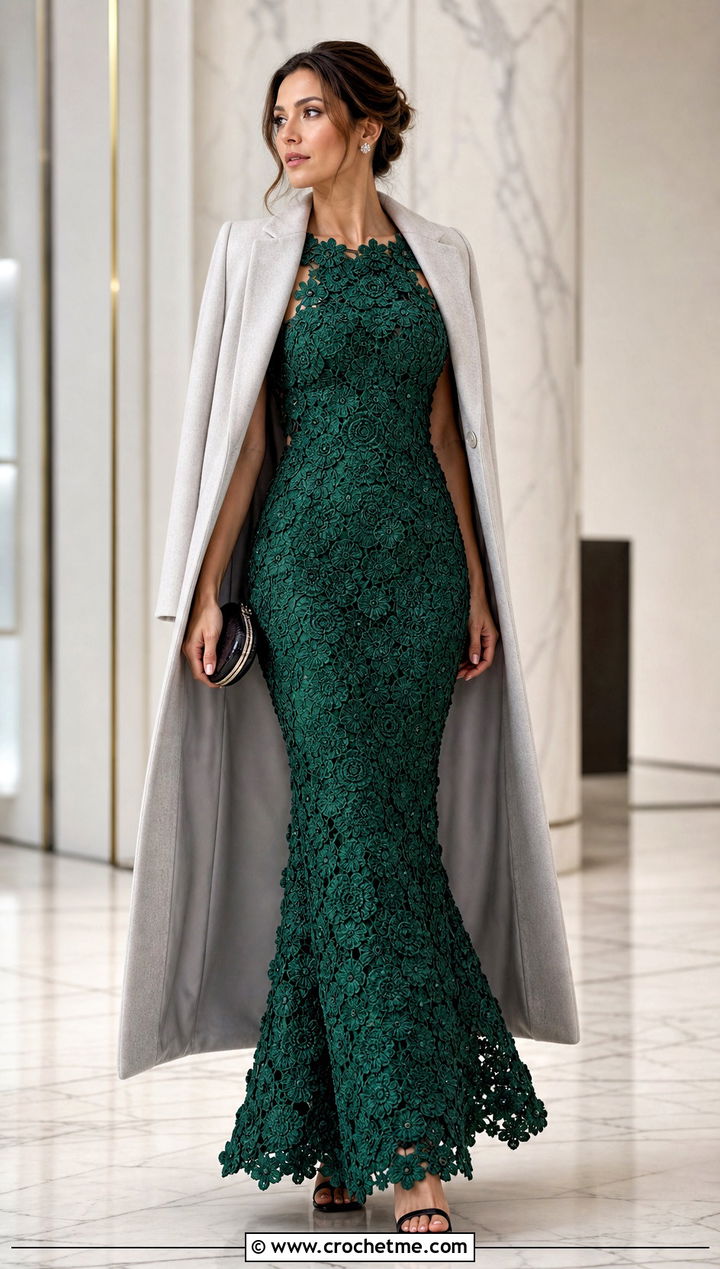 Crochet Flower Mermaid Dress With Clean Evening Coat - 35 Crochet Flower Dress outfit ideas