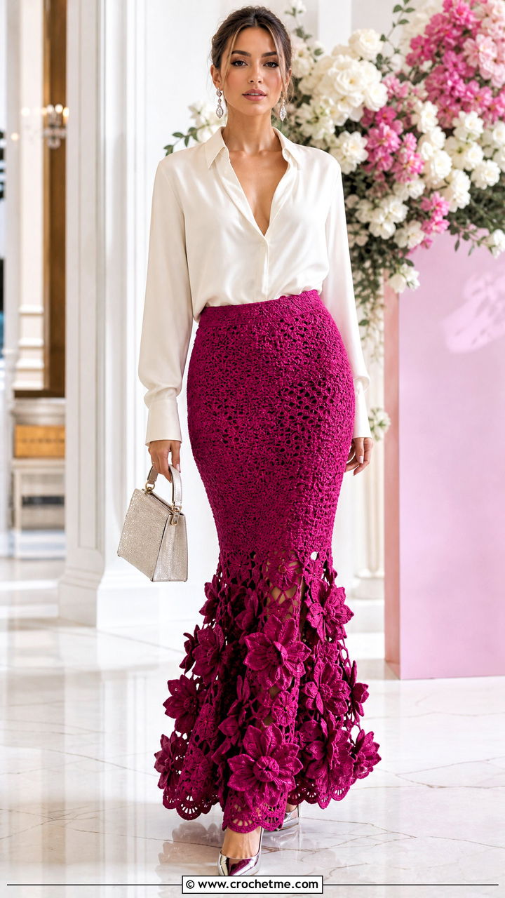 Crochet Flower Mermaid Skirt With Silk Shirt - 35 crochet flower skirt outfit ideas