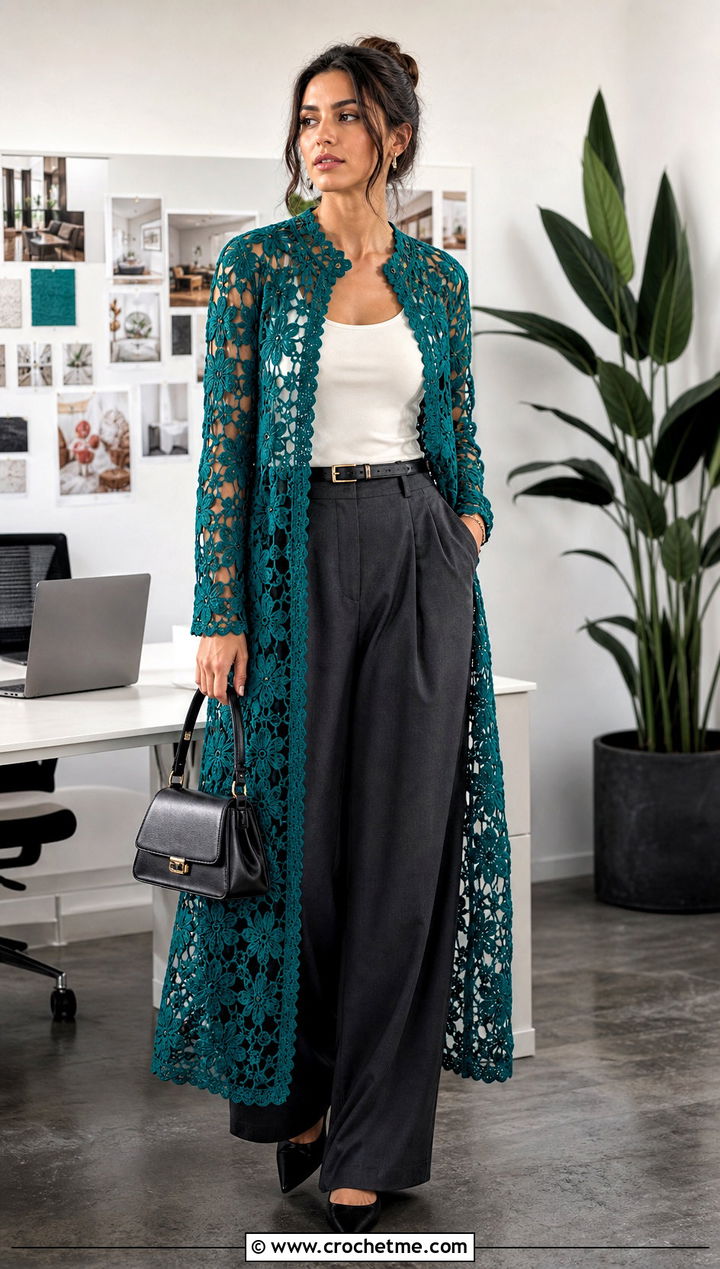 Crochet Flower Mesh Dress With Tailored Trousers - 35 Crochet Flower Dress outfit ideas
