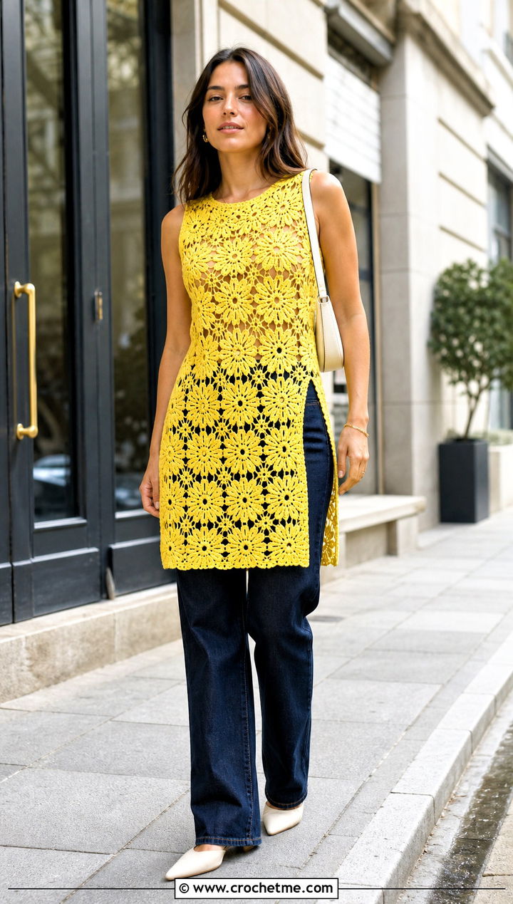 Crochet Flower Mini Dress With Straight Leg Jeans - 35 Crochet Flower Dress outfit ideas