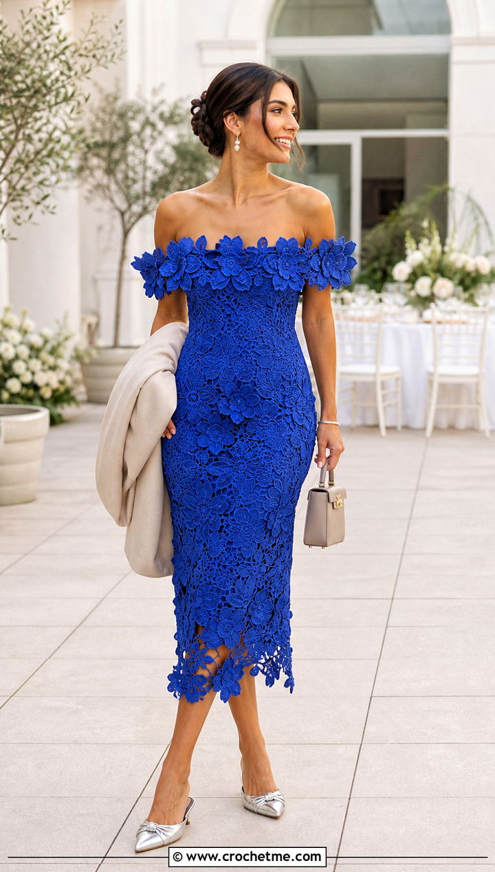 Crochet Flower Off Shoulder Dress With Kitten Heels - 35 Crochet Flower Dress outfit ideas