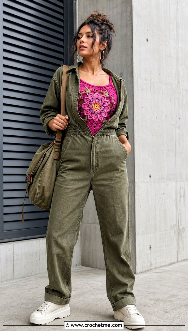 Crochet Flower Panel Tank With Utility Jumpsuit - 30 crochet and fabric top outfit ideas
