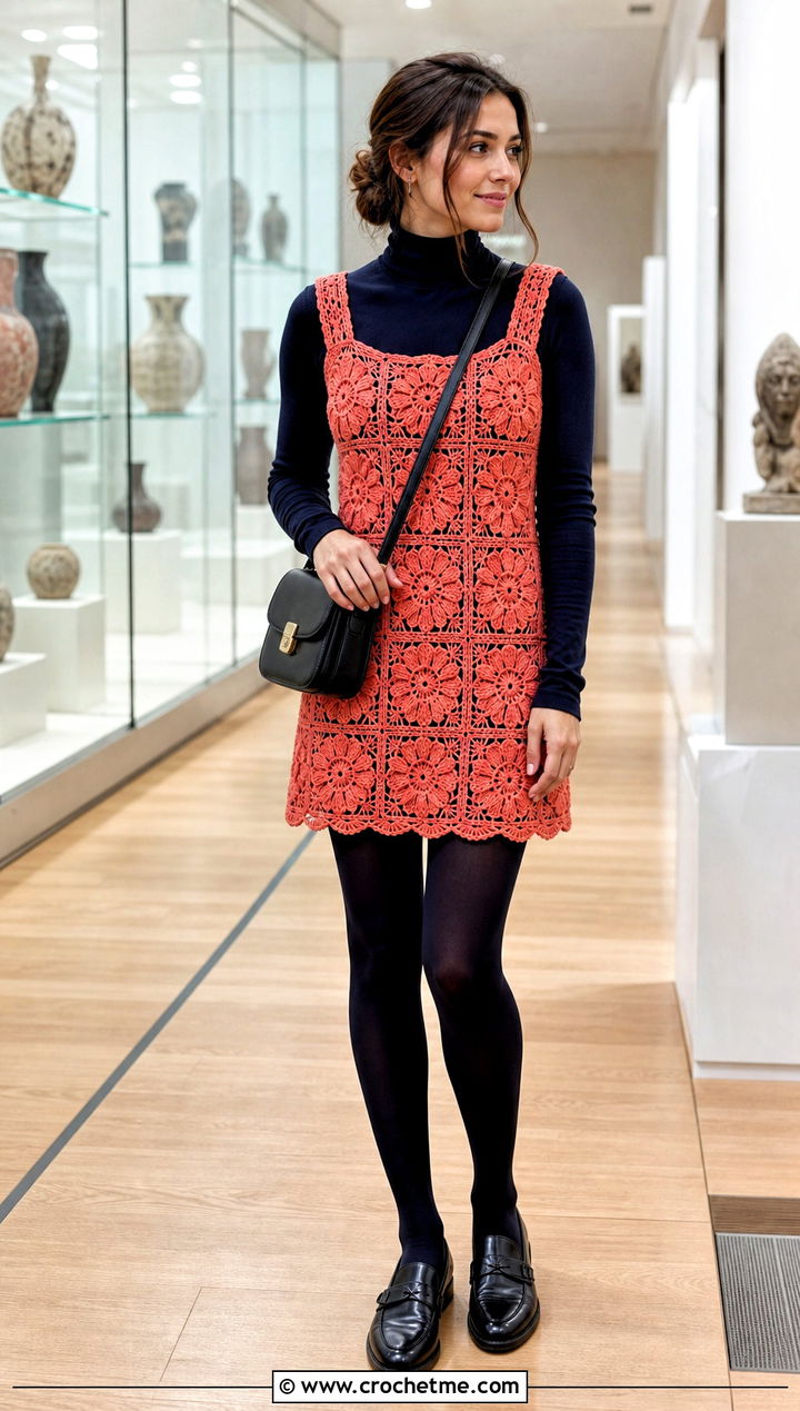 Crochet Flower Pinafore Dress With Fitted Turtleneck - 35 Crochet Flower Dress outfit ideas