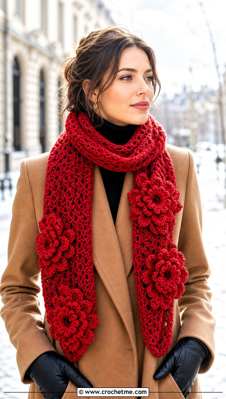 Crochet Flower Scarf With Wool Coat - 30 Crochet Flower Outfit ideas