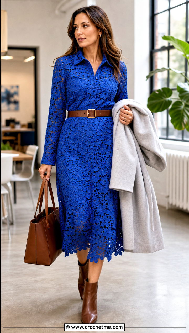 Crochet Flower Shirt Dress With Wide Belt - 35 Crochet Flower Dress outfit ideas