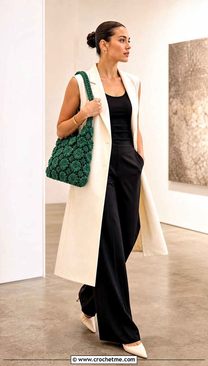 Crochet Flower Shoulder Bag With Tailored Vest - 30 Crochet Flower Outfit ideas