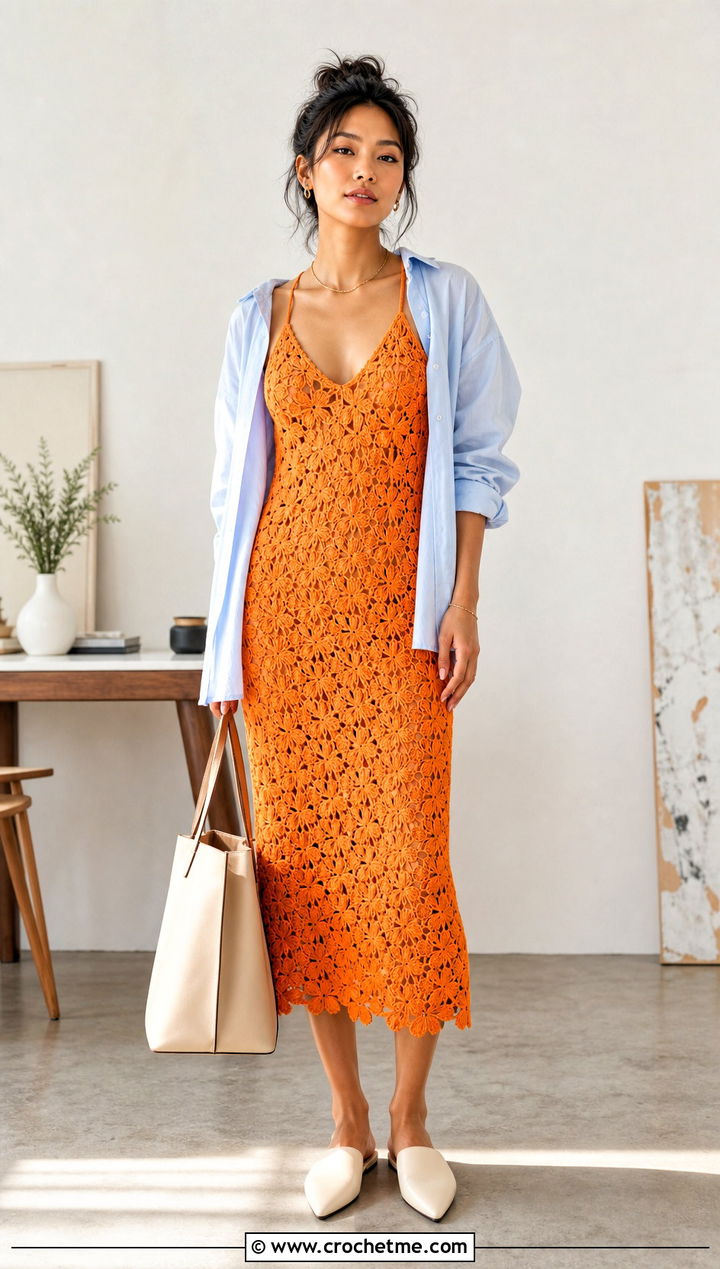 Crochet Flower Slip Dress With Button Down Shirt - 35 Crochet Flower Dress outfit ideas