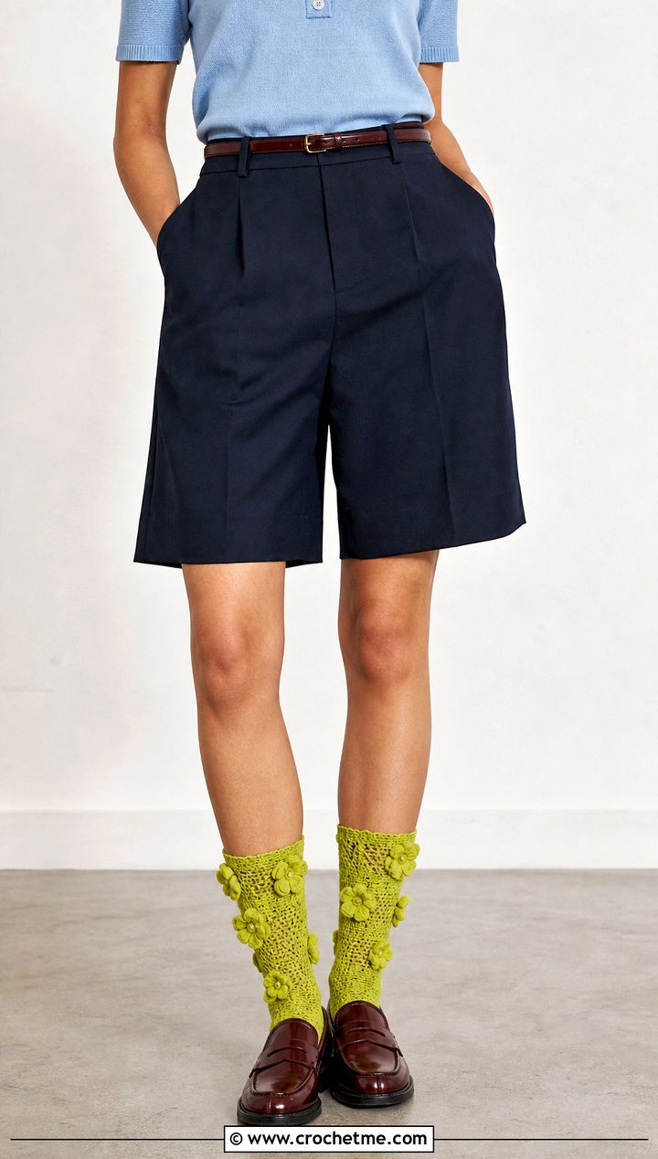 Crochet Flower Socks With Loafers And Shorts - 30 Crochet Flower Outfit ideas