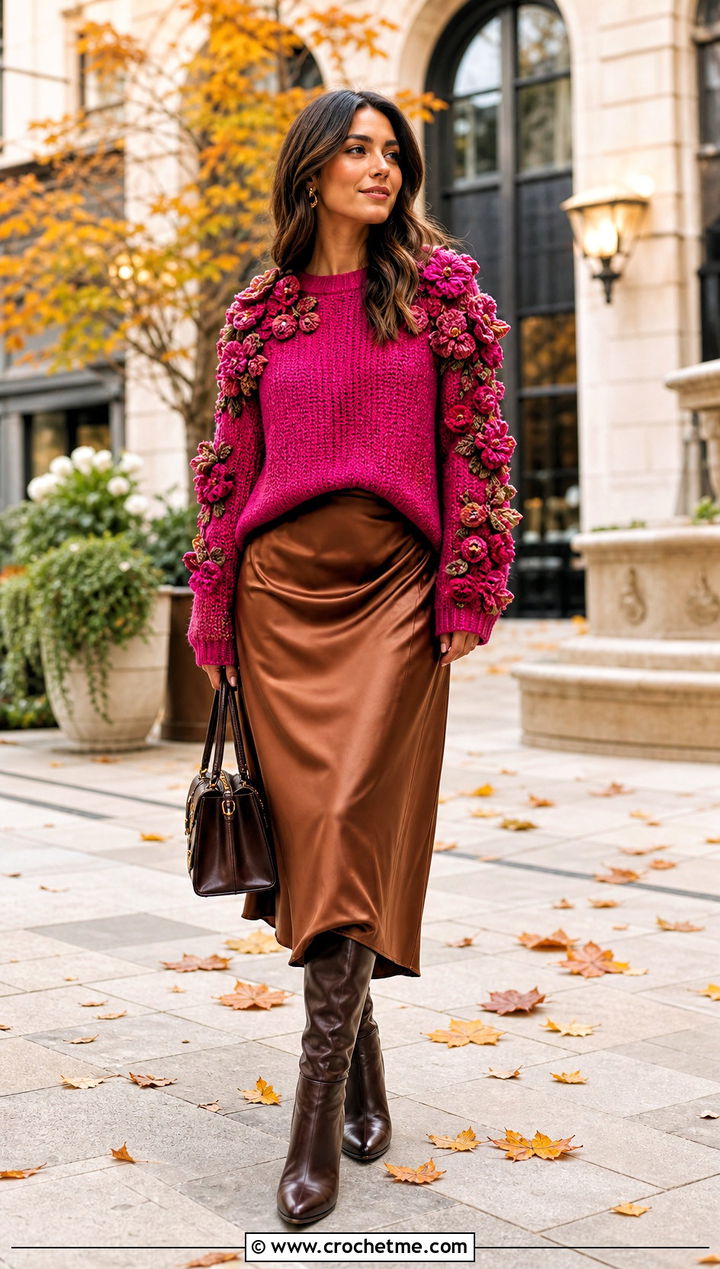 Crochet Flower Sweater With Satin Midi Skirt - 30 Crochet Flower Outfit ideas