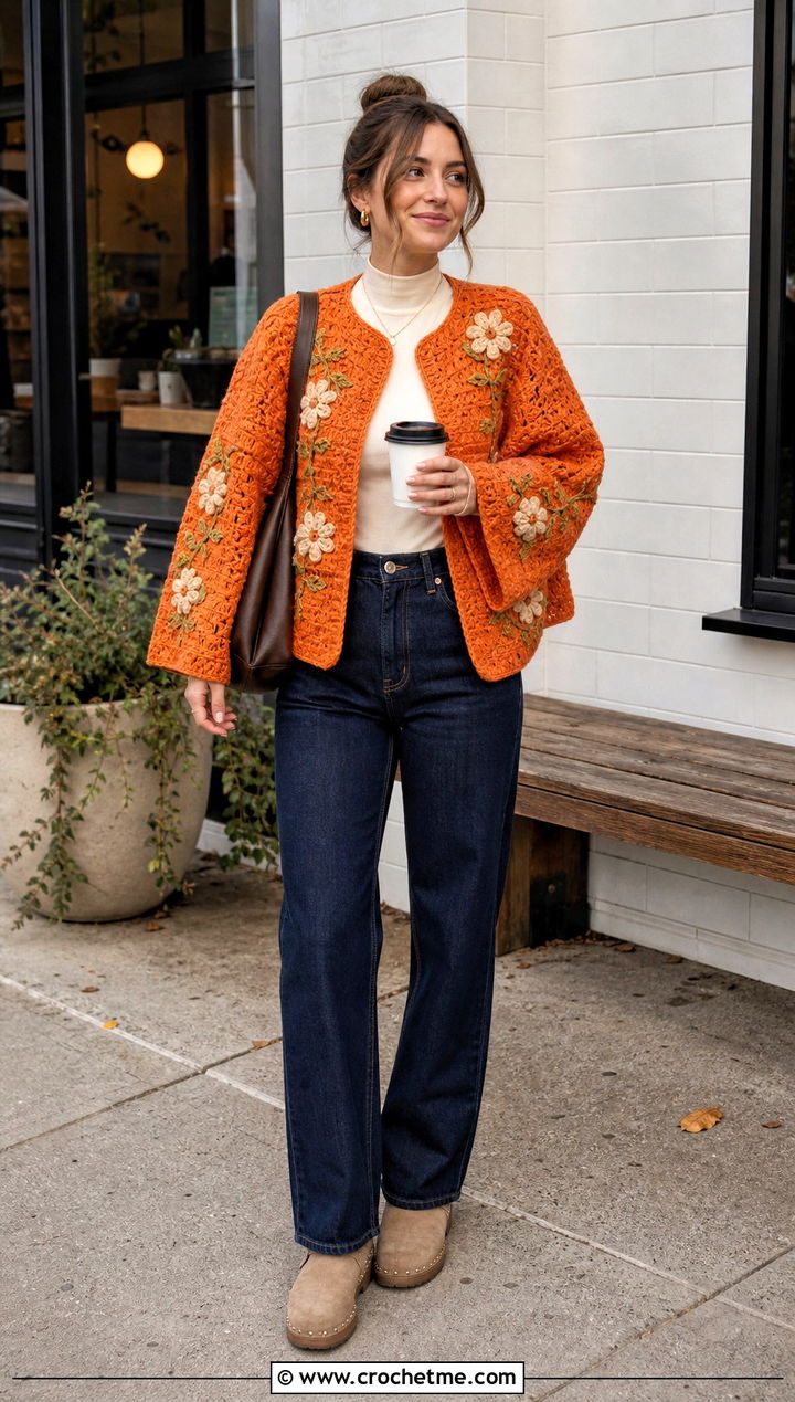 Crochet Flower Swoncho With Straight Leg Jeans - 25 Crochet Flower Poncho outfit ideas