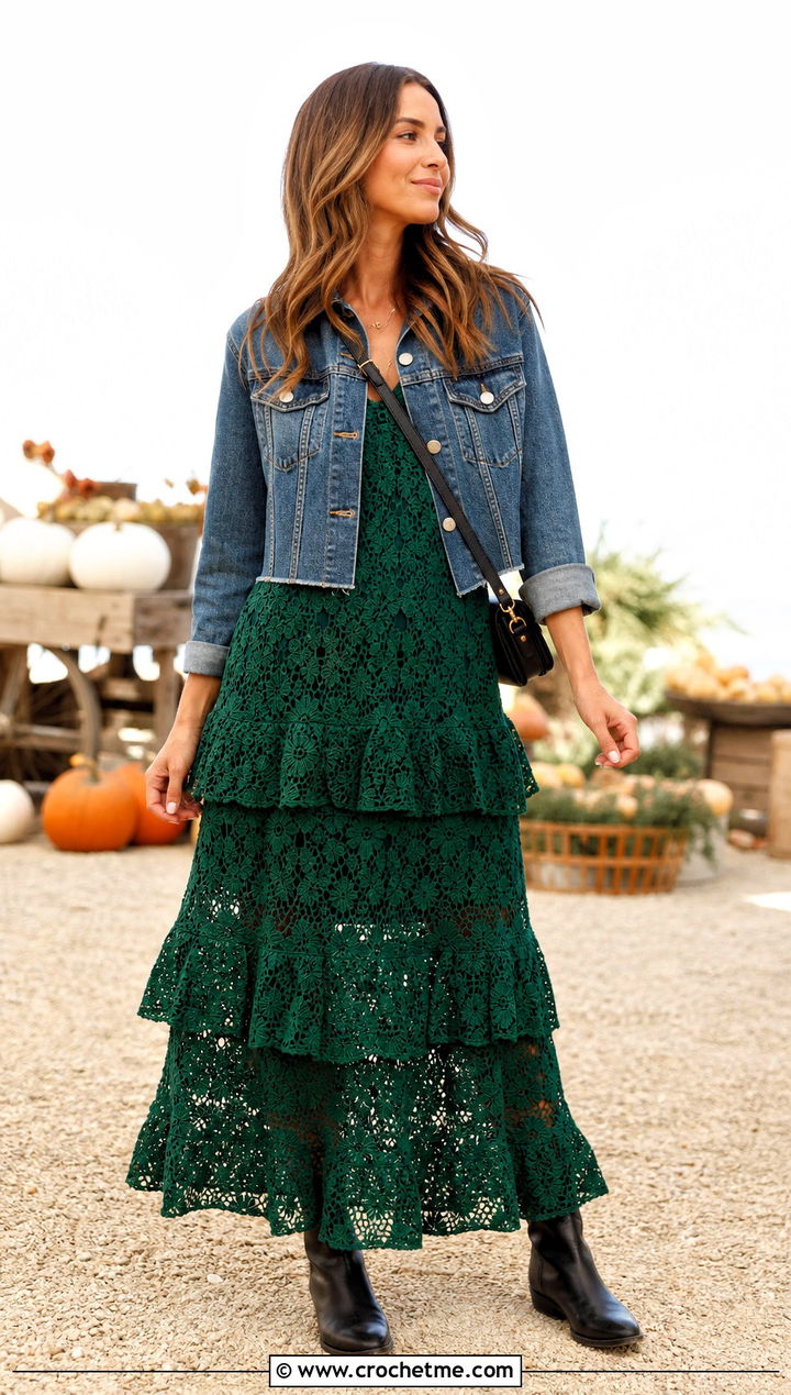 Crochet Flower Tiered Maxi Dress With Moto Boots - 35 Crochet Flower Dress outfit ideas